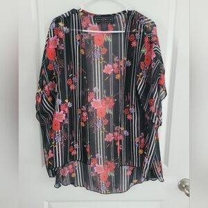 Polly & Esther Black Floral and Stripe Kimono